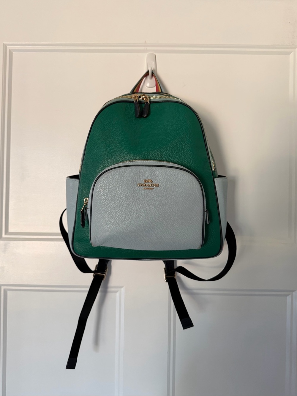 COACH Two-Tone Green & Light  Leather Backpack with matching wallet